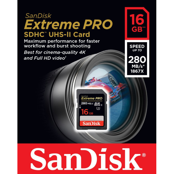 Карта пам'яті SanDisk 16 ГБ SDHC C10 UHS-II R280/W250 МБ/с 4K Extreme Pro